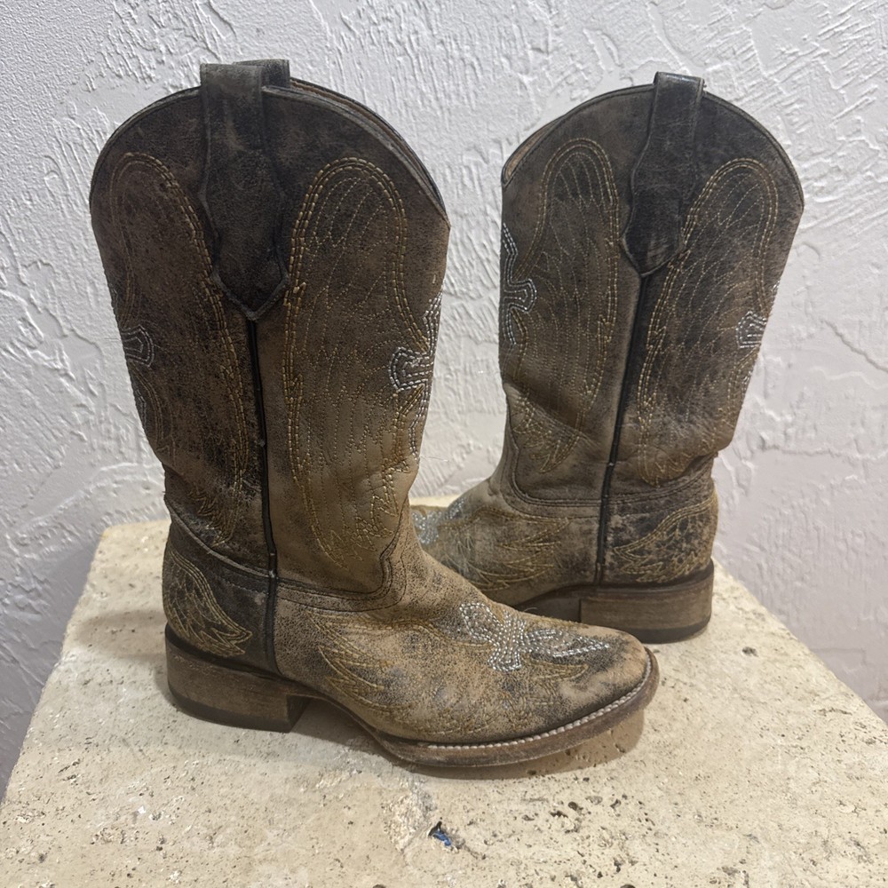 CORRAL Distressed Leather Square Toe Cross Wing Cowboy Boots Sz 2 T Style A1032