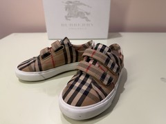 BURBERRY 30 12.5 Beige Markham Check w/ Grip Straps White Leather Sneakers Shoes