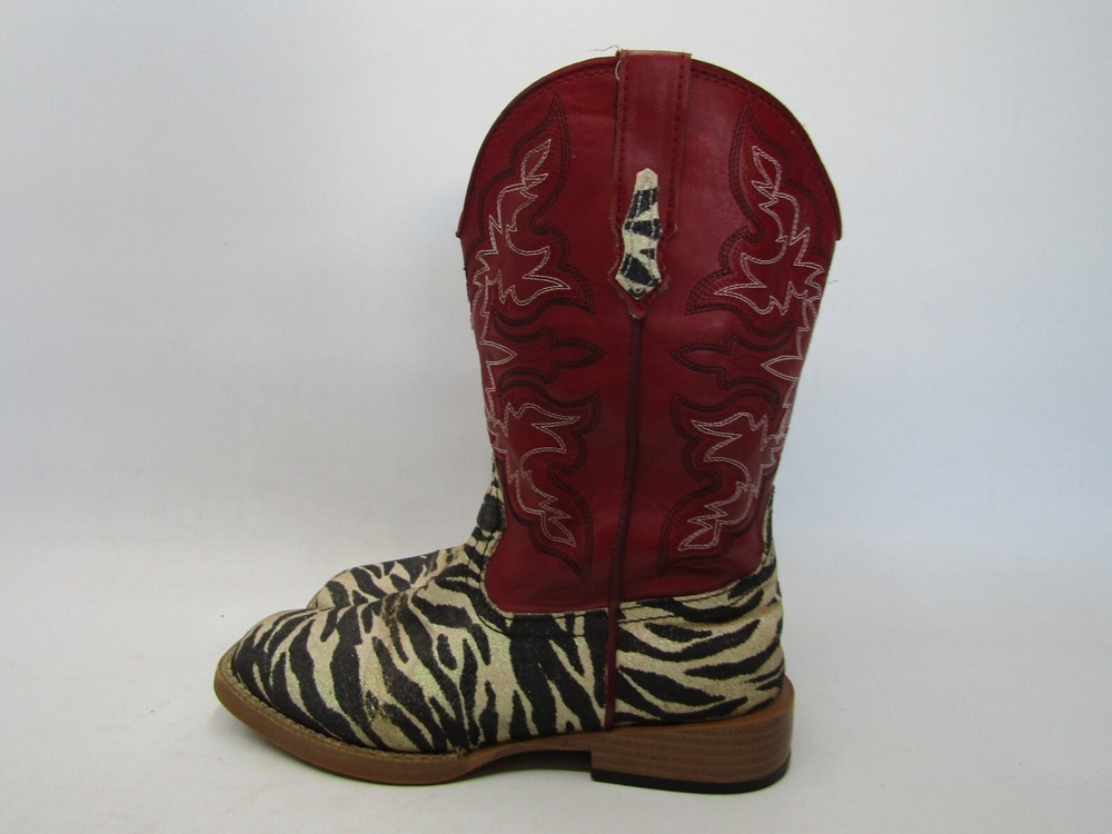 Roper Brand Youth Size 2 M Red Zebra Print Cowboy Western Boots