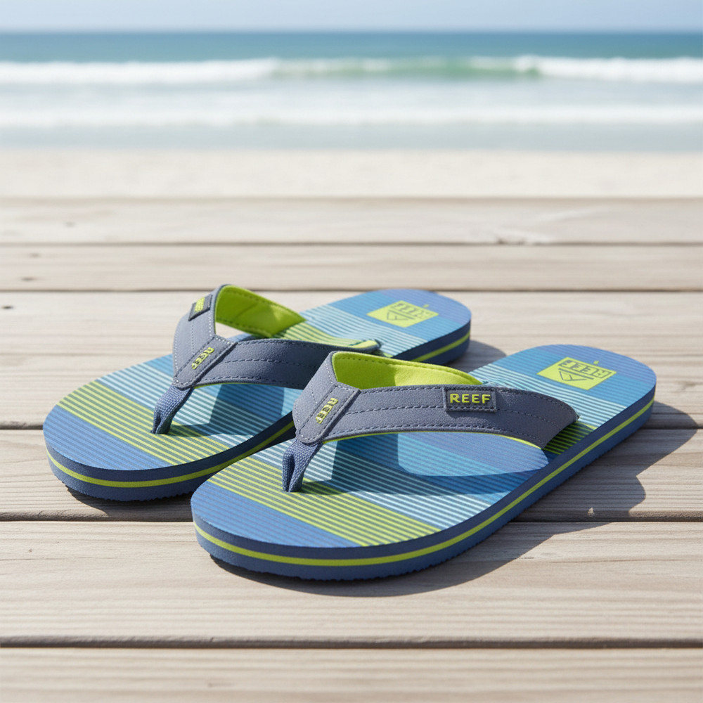 Reef Kids Flip Flops Youth Size 2 Blue Green Striped Sandals
