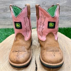 Dan Post Youth – Size 7.5M – Tan / Pink John Deere Cowboy Boots JD1185