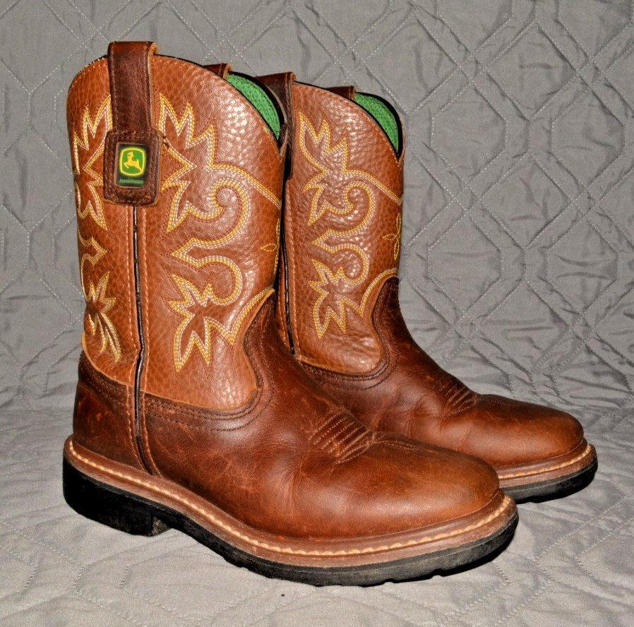 John Deere Kids Size 1.5 Cowboy Boots Brown Leather Western Pull On Youth