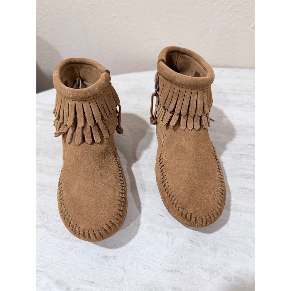 Minnetonka Kids Double Layer Fringe Suede Moccasin Boots Tan Brown 2297T Size 13