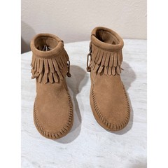 Minnetonka Kids Double Layer Fringe Suede Moccasin Boots Tan Brown 2297T Size 13