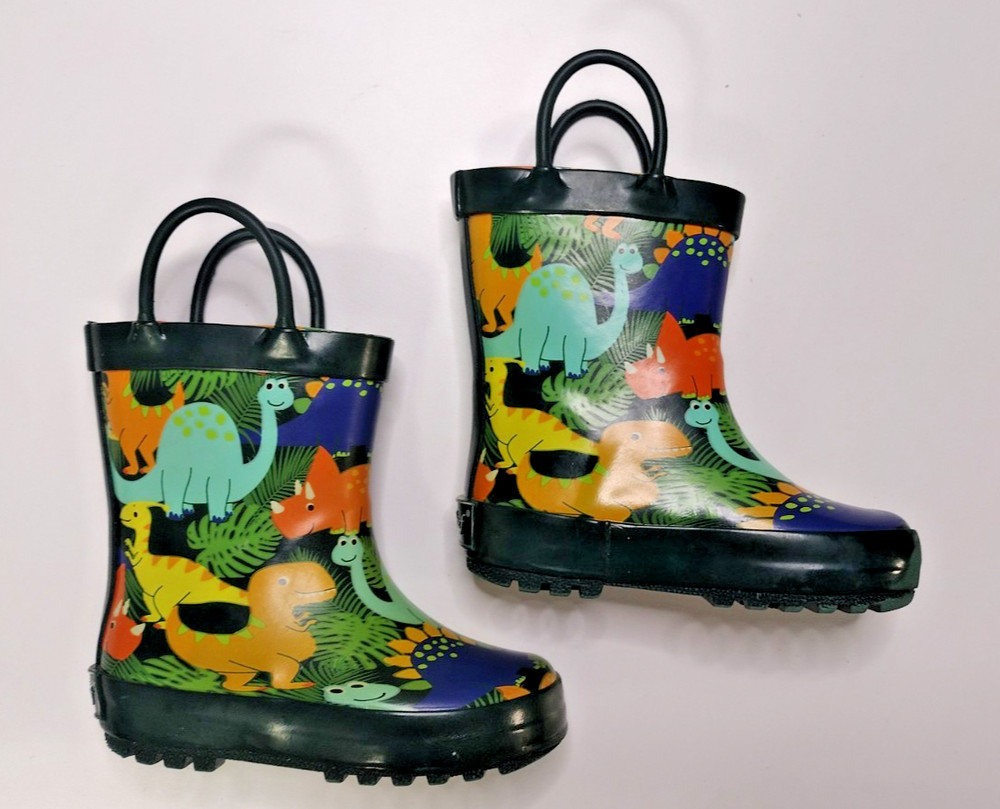 Landchief Rain Boots Kids Size 6 Multicolor Dinosaur Print Waterproof Shoes Used
