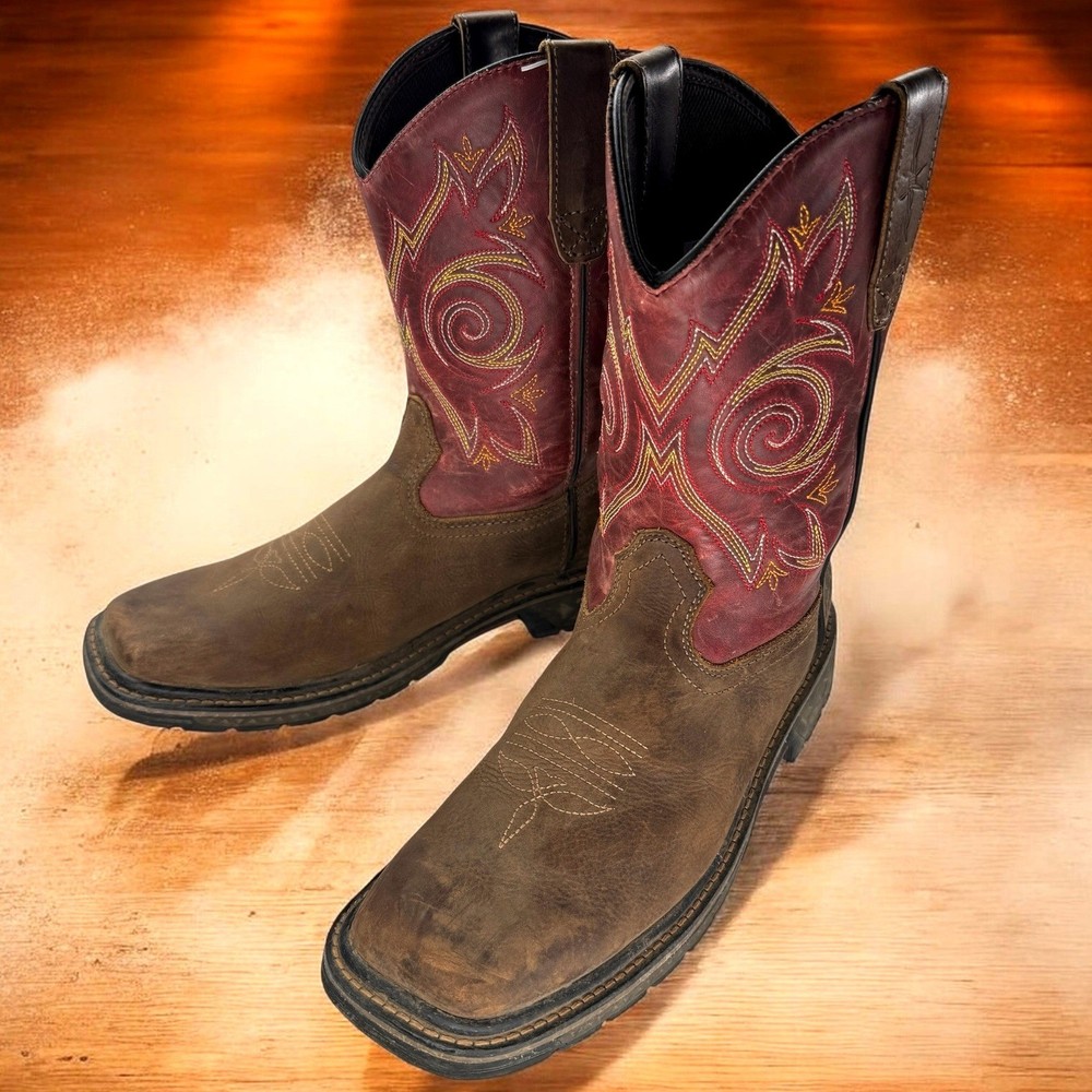Georgia Boot Carbo Tec Western Work Boot Kids 6.5M Brown Red Pull On Square Toe