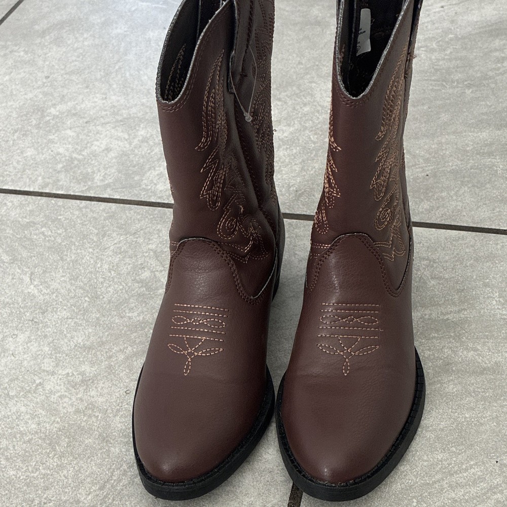 Ranch Kids Brown Western Cowboy Boots Youth 1M Simulated Leather Round Toe