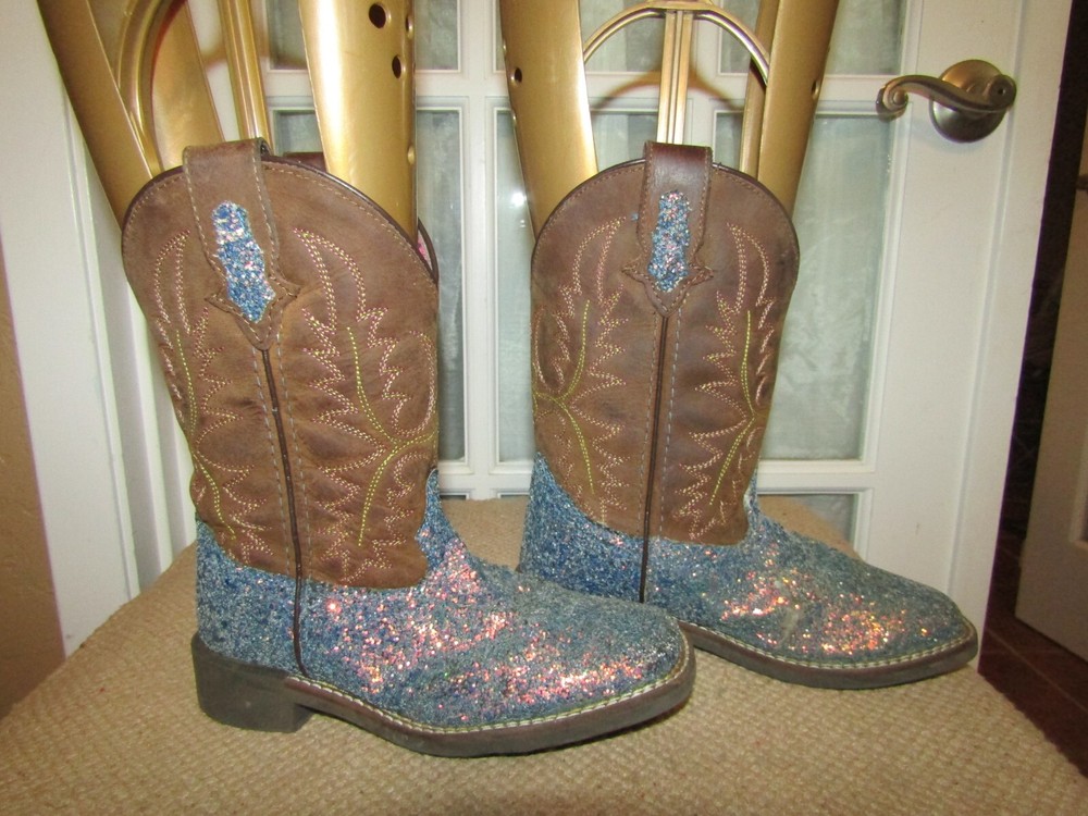 Cody James Youth 1 D Blue Glitter Brown Square Toe Cowboy Western Boots 43077