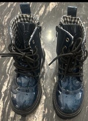 Unisex Kids US 11 Blue/Black Glitter Combat Ankle Boots Lace-Up Zip Round Toe