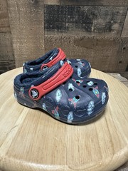 Crocs Kids Lined Clogs Rockets Planes Navy Blue Red Fleece Size C7 Toddler