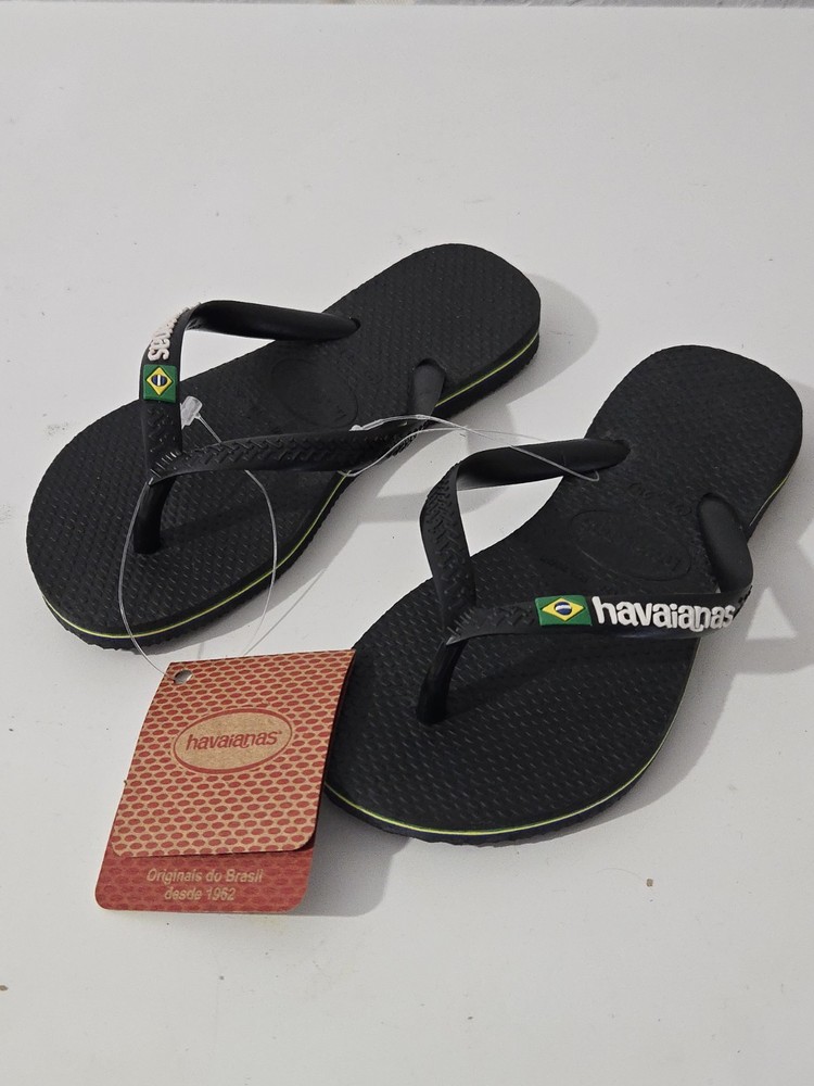 Havaianas Brazil Logo Black Flip Flops Slip On Sandals Kids Size 11/12C
