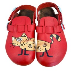 Birkis Birkenstock Kay Red Leather Cat Graphic Clogs Kids Size 205 US 1-1.5
