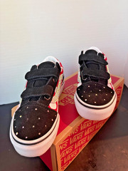 *Hand BEDAZZLED* VANS- Kids Size 1.0 OLD SKOOL V Shoes Black Red (Polka Dot)