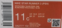 Nike Star Runner 3 PS White Pink Mineral Teal Pink Size 11c DA2777-102
