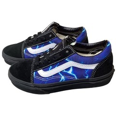 Vans Old Skool Lightning Kids 1.5 Blue Black Shoes Skate Sneakers Damage