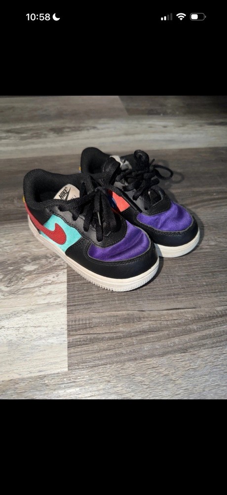Nike Force 1 Low Unisex Kids Size 8 Black Purple Teal Colorblock Sneakers