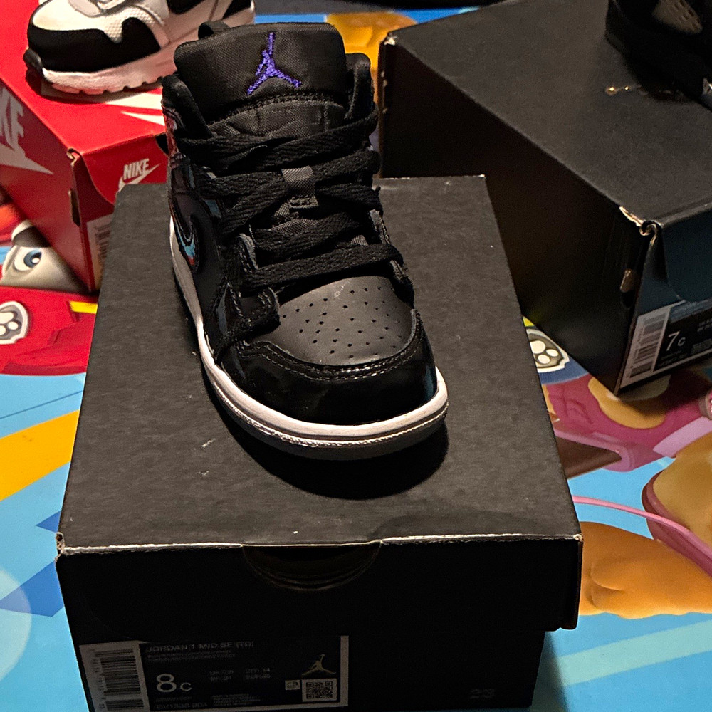 Jordan Air Jordan 1 Mid (TD) US 8C Black/Gray/Purple Leather Mid-Top Sneaker