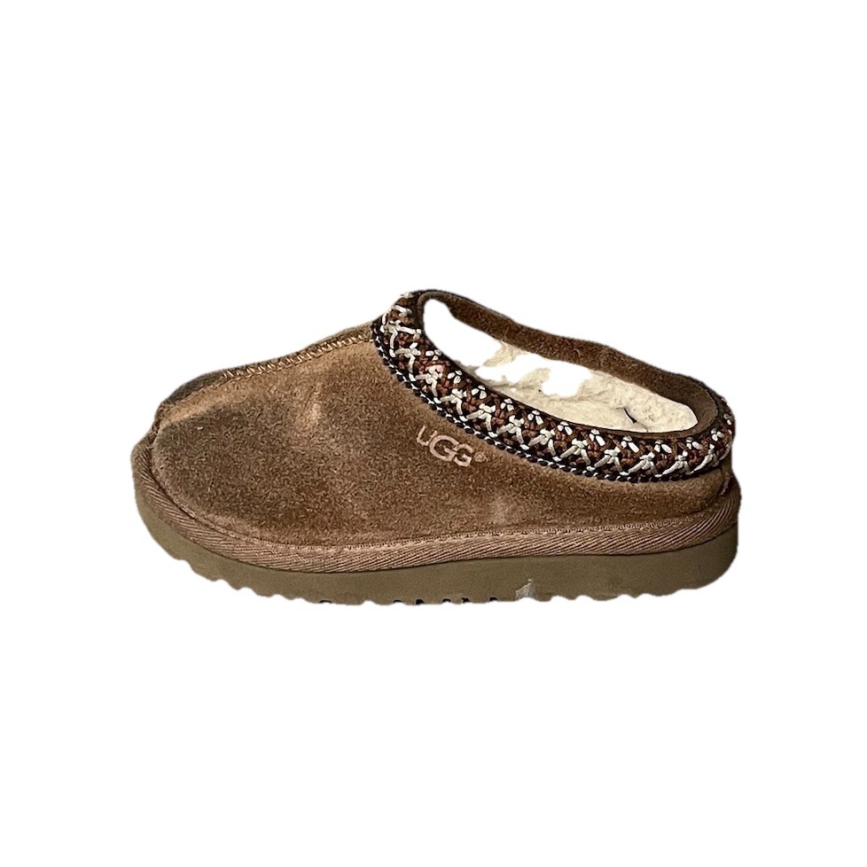 UGG Kids Tasman Slippers Size 9 Chestnut Suede Shearling Lined Unisex Slip On