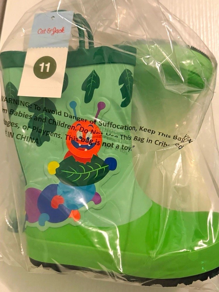 Cat & Jack Kids Rain Boots Green Rubber Pull On Round Toe Flat Heel Size 11
