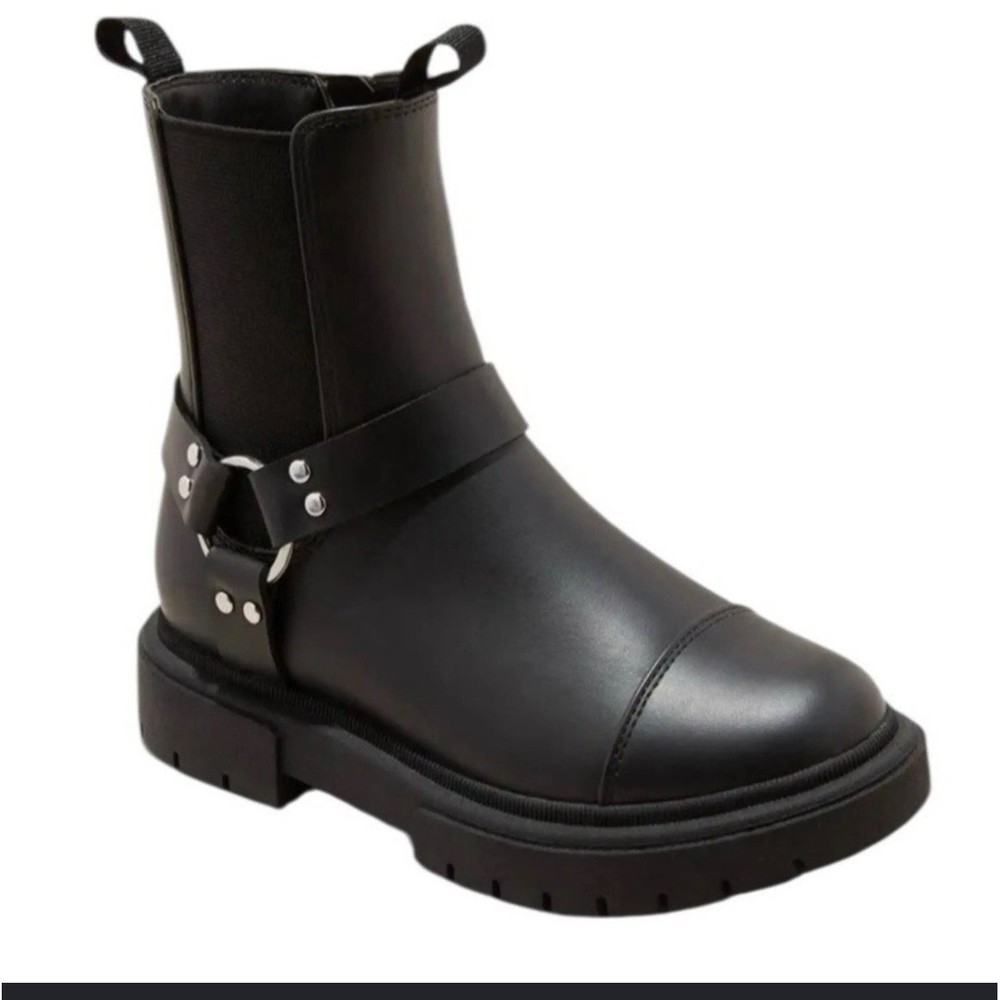 Art Class Kids Black Harness Ankle Boots Chunky Lug Sole Side Zip Size 13 NEW