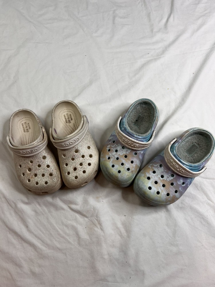2 Crocs Youth Kids Size C12 Classic Faux Fur + Lines Slip On Shoes L020225