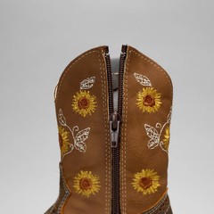 Kids Embroidered Square Toe Cowboy Boots Dark Brown Gold Flowers Leather 6″ 1″ H