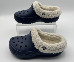 Crocs Youth Classic Lined Clogs Size J1 Blue Slip-on White Faux Fur Fuzzy & Warm