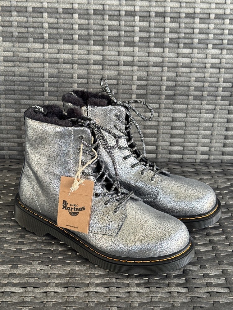 NEW Dr. Martens SERENA Boots, Kids Distressed Silver Metallic Sz 7 US women’s
