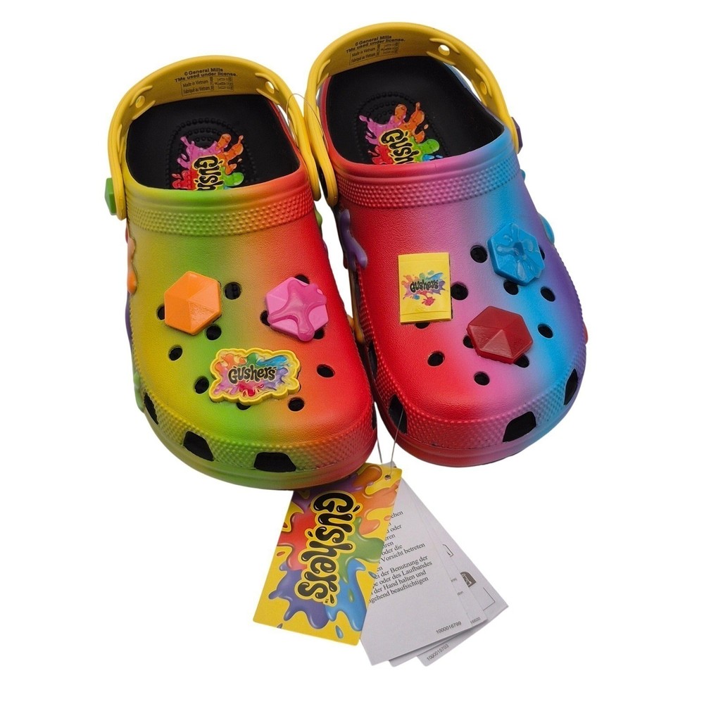 Crocs Gushers Classic Clogs with Jibbitz Charms Kids Size J4 Colorful Shoes