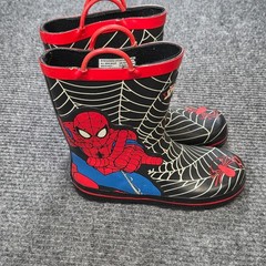 Marvel Spider-Man Rain Boots Kids Size 2/3 Black Red Web Graphic Pull-On Handles