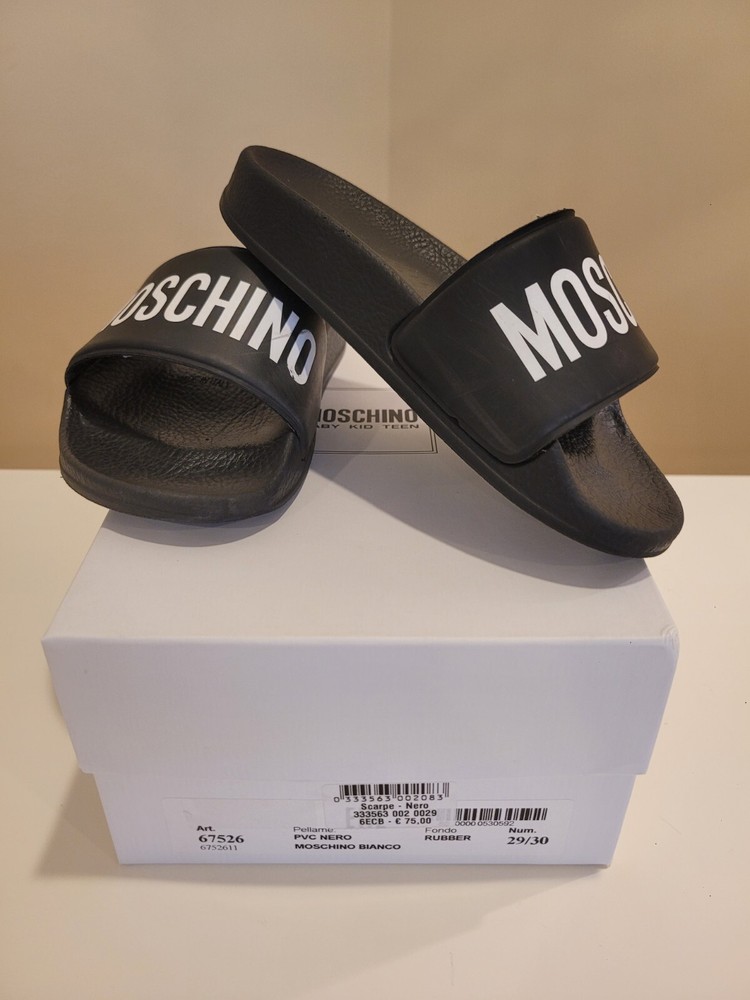 Moschino black pool slides slippers with white logo size 29-30EUR/11.5-12.5US
