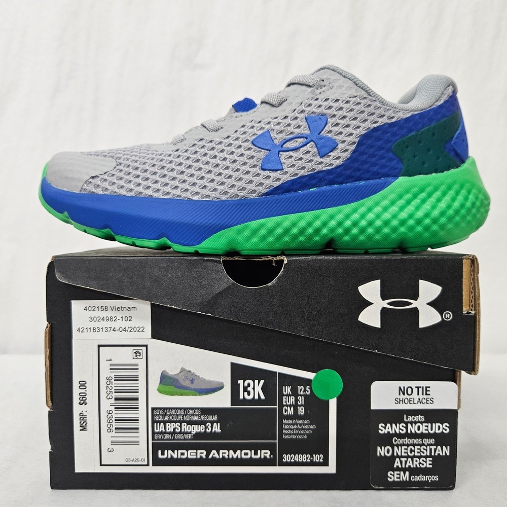 Under Armour BPS Rogue 3 Running Shoes 3024982-102 Grey Green Blue Kids Size 13K