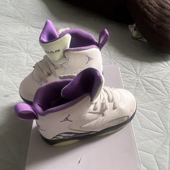 Jordan Force 1 High Top Leather Sneakers White/Purple/Black Kids US 7.5