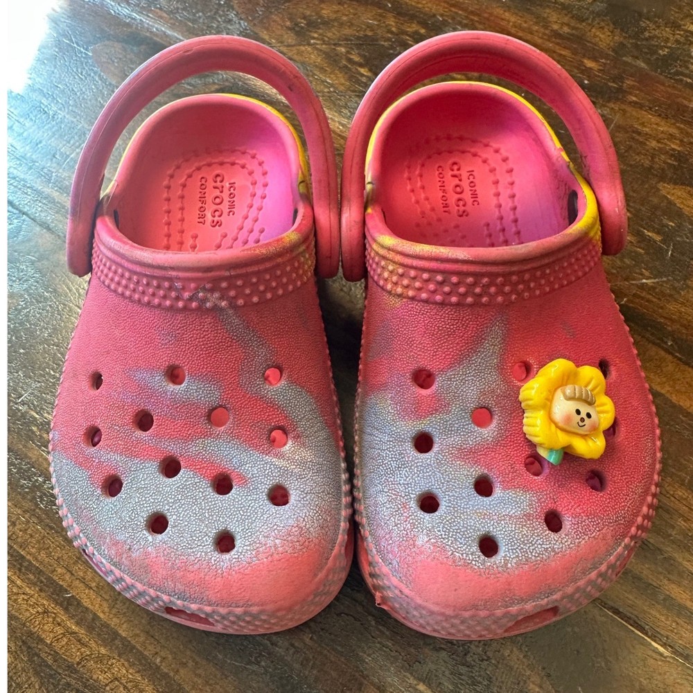 Crocs Kids Classic Clogs Pink Yellow Spray Dye Marble Slip On Shoes Size C5