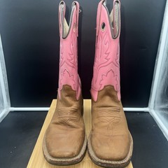 OLD WEST Brown Pink Leather Square Toe Cowboy Boots Youth SZ 1.0 D Style BSC1839