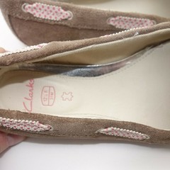 Clarks Suede Slip On Boat Shoes Loafers Brown Pink Polka Dot Bow Girls 12.5