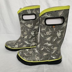NEW Bogs Kids Rain Boots Super Dino Gray Waterproof Pull On Handles Youth Sz 4