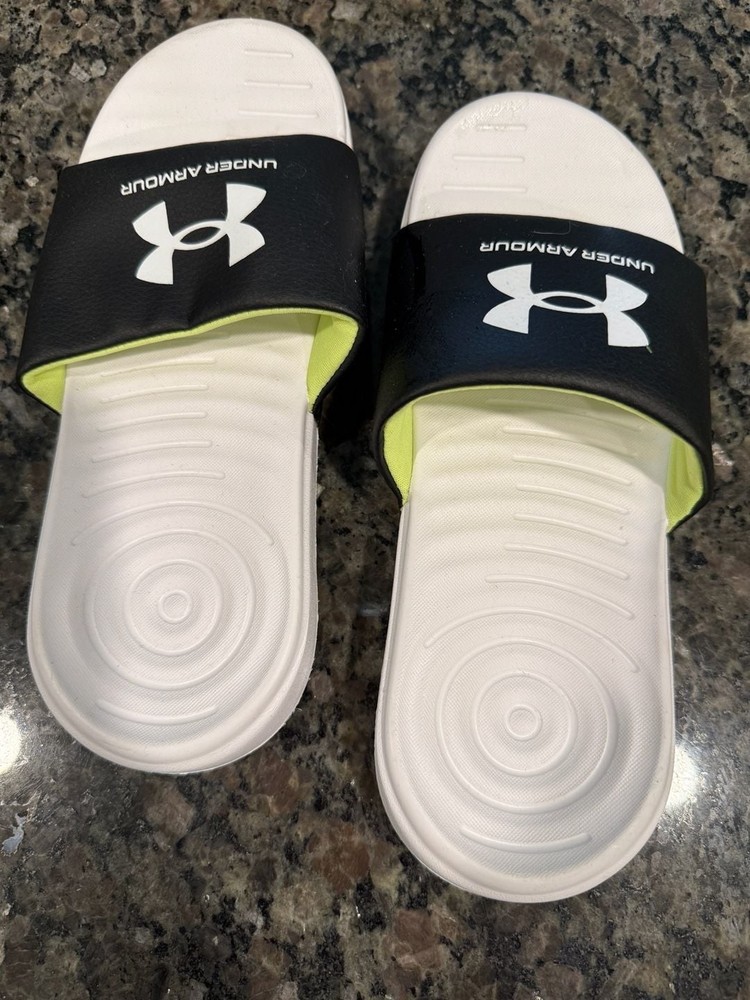 Under Armour Ignite VI Slide Sandals Black White Neon Yellow Size 3Y