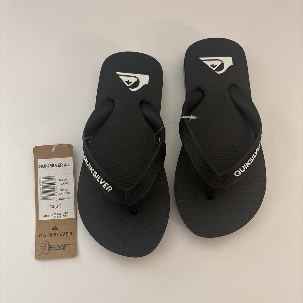 Quiksilver Kids Flip Flops Size 13 Youth Black Sandals NWT