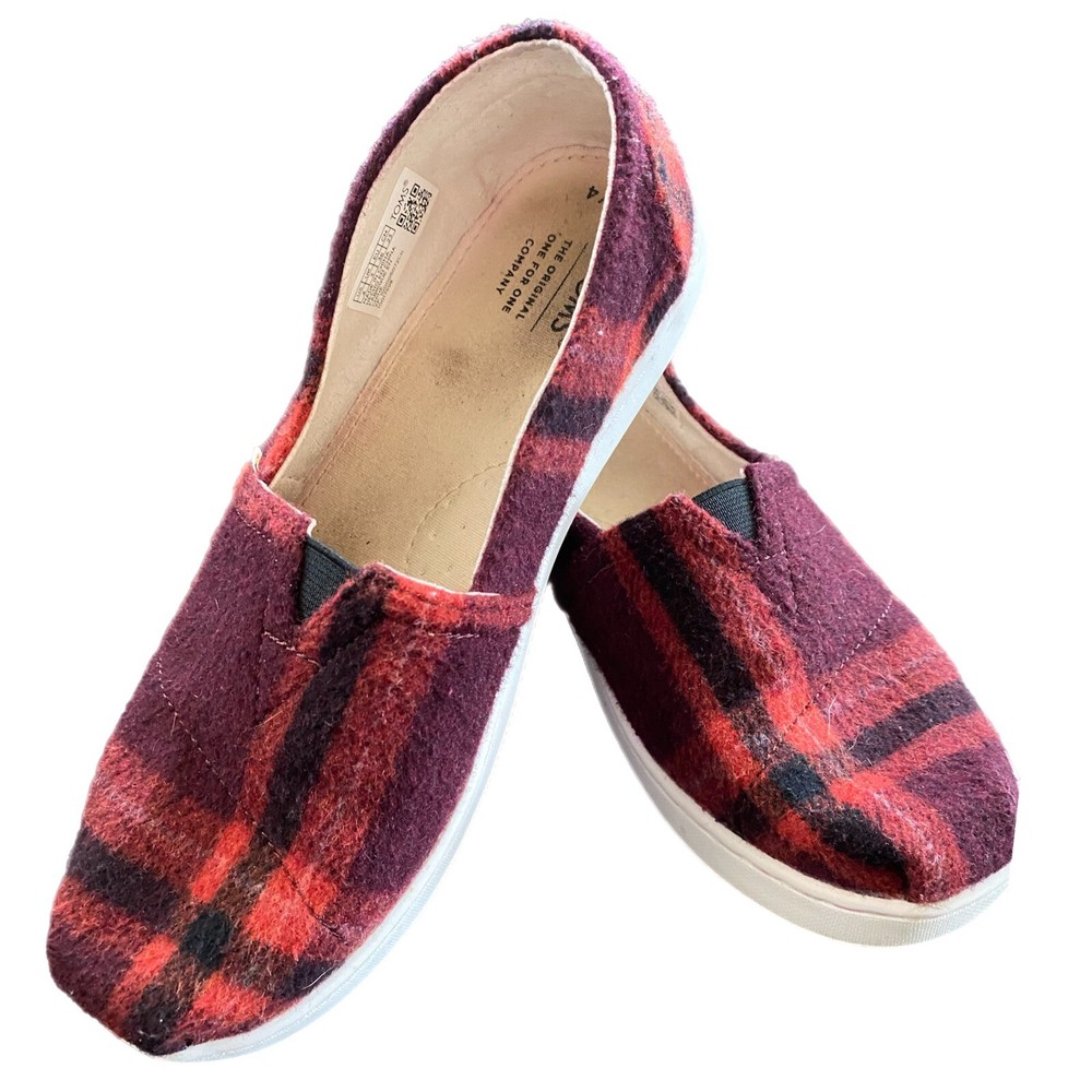 TOMS Red Fall Flannel Plaid Slip On Kids Youth Size 4