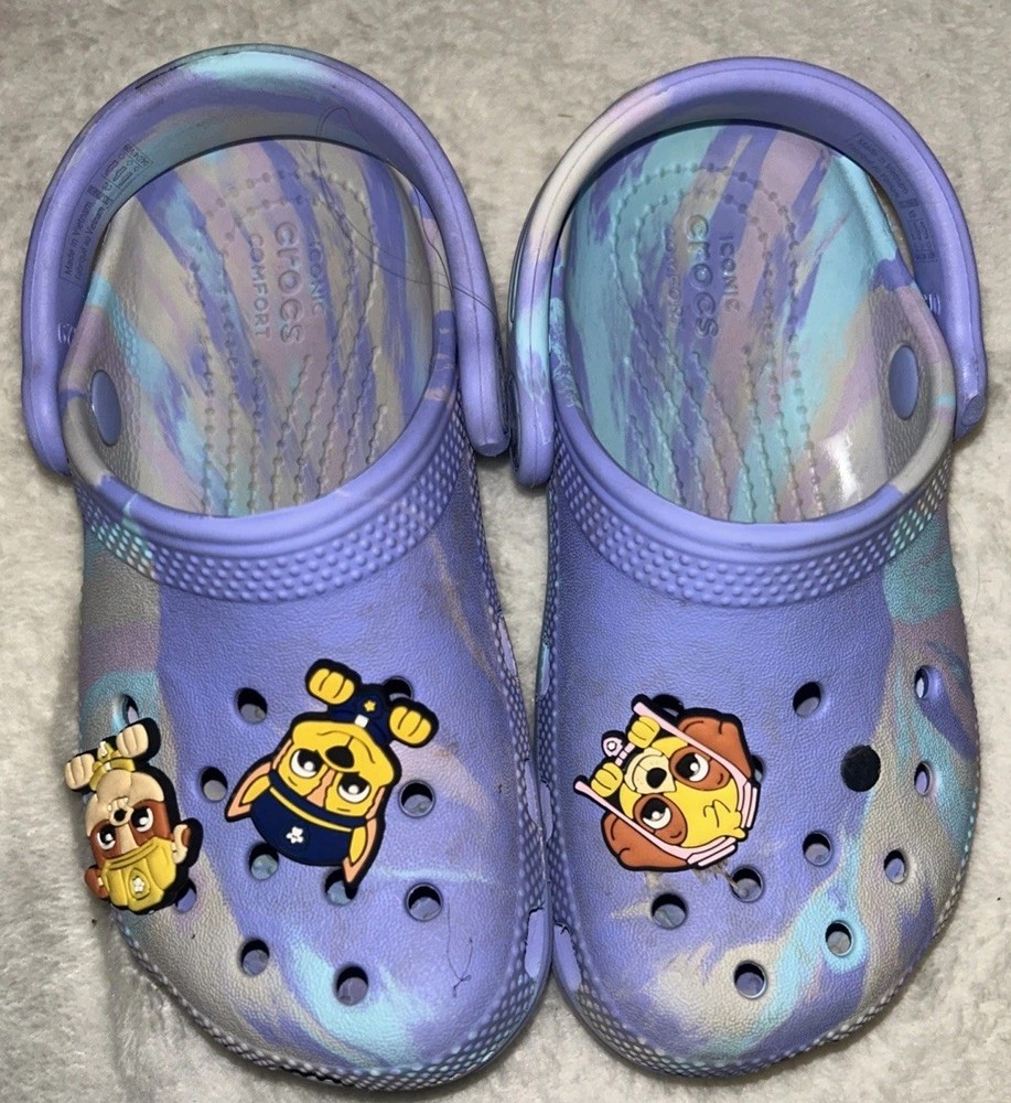 Crocs Classic Marble Little Kids With Paw Patrol Charms Sz C 10 Pink Purple Blue