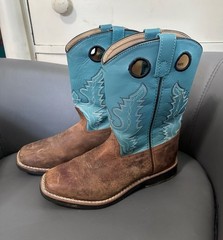 Smoky Mountain Kids‘ Square Toe Brown Oiled Distress/Turquoise Cowboy Boots 5