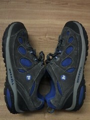 Merrell Non-Marking Sole Gray Leather Upper Blue Mesh Hiking Shoes ~Men’s US 7~
