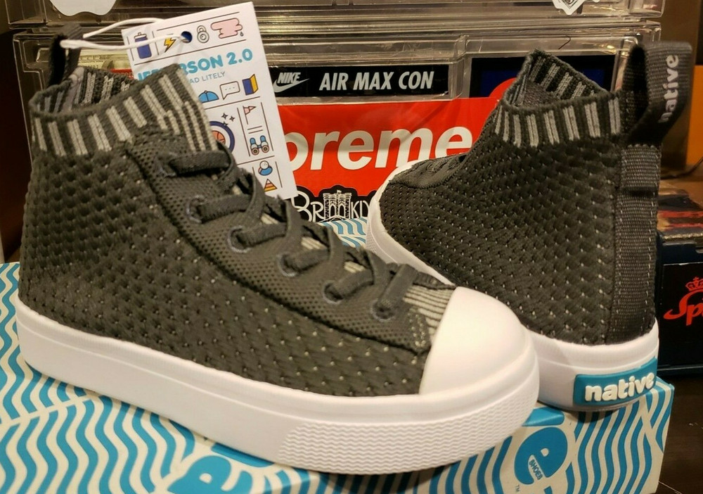 NATIVE Grey JEFFERSON 2.0 HIGH LITEKNIT Kids Sneakers Lace Shoes 10T US / 27 EUR