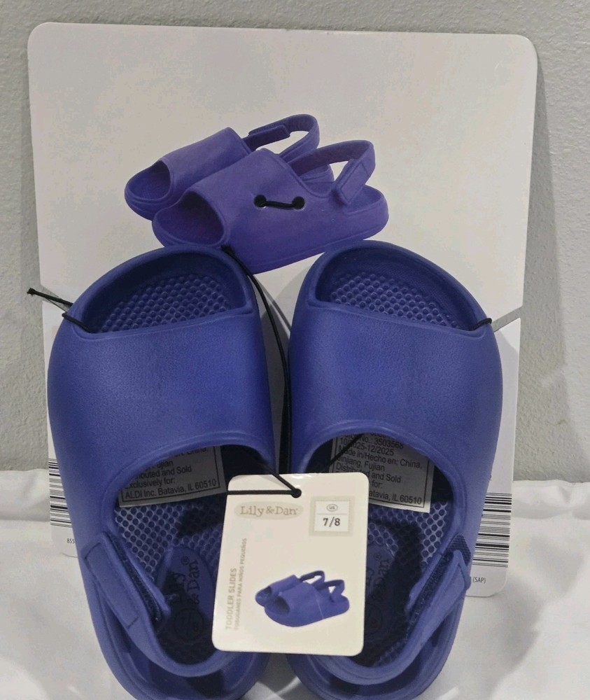 Lily & Dan Toddler Kids Blue Soft Easy To Wipe Slides With Backstrap Size 7/8