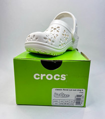 Crocs Classic Floral Cut Out Clog K Unisex Kids White US 12 EU 29-30 Slip On
