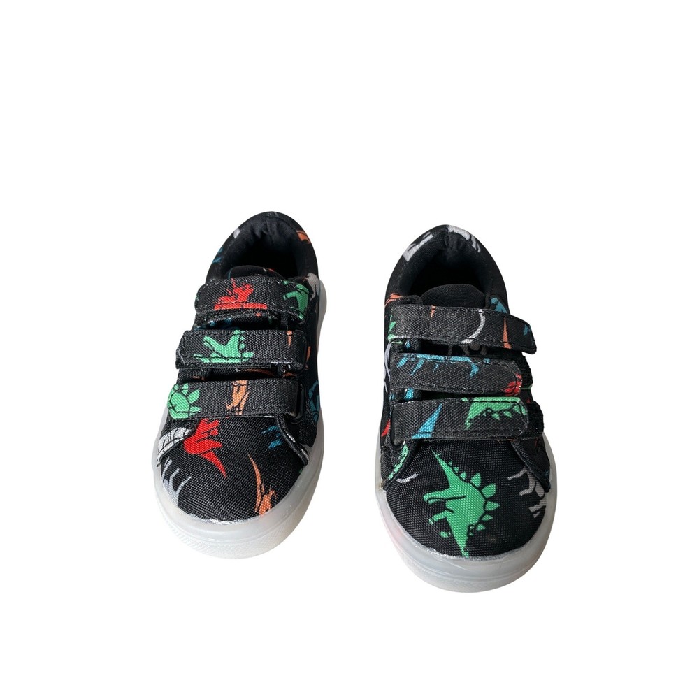 Kids Dinosaur Print Canvas Sneakers Black Multi Hook and Loop Shoes Size 5 US