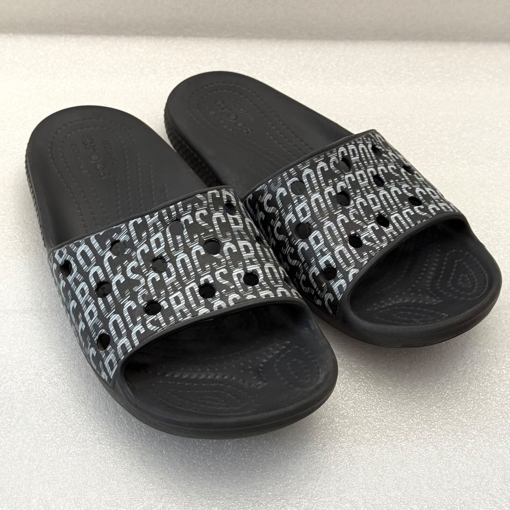 CROCS Comfort Slides Slip On Sandals Logo Print Big Kid’s 5 J5 Black