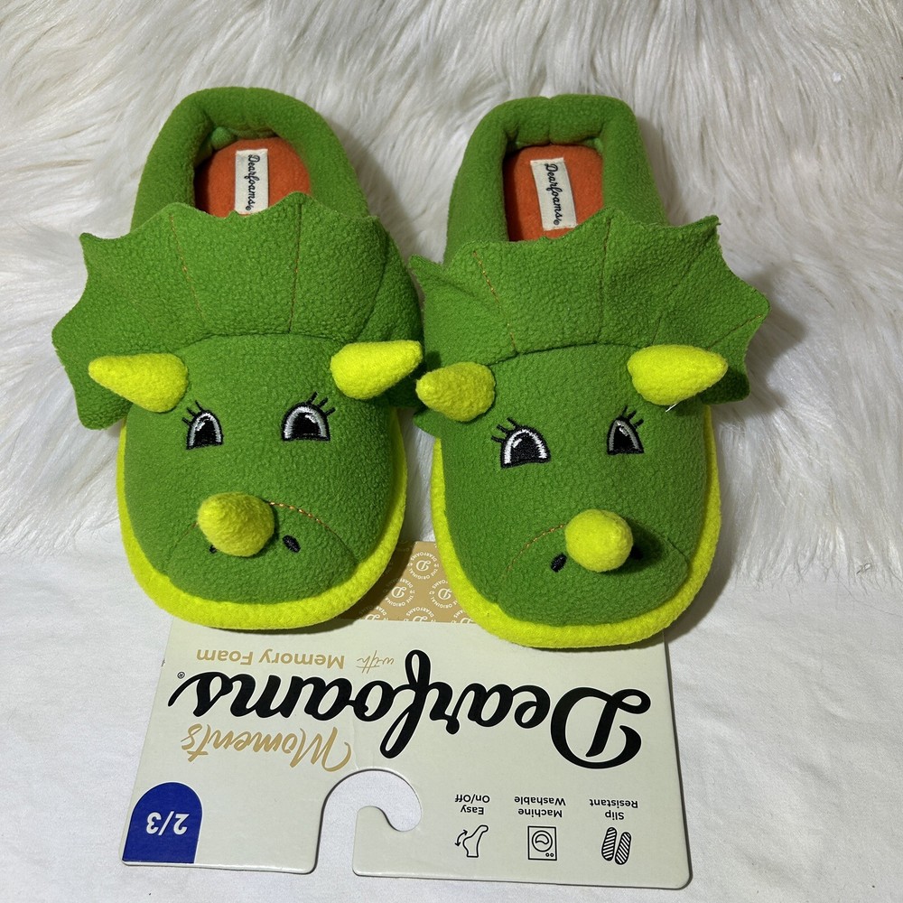 Dearfoams Memory Foam Dinosaur Kids Green Slippers Size 2/3 NEW!