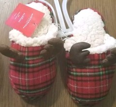 Children’s Holiday Slippers Size 9 – 10. Red Plaid With Reindeer Antlers NEW